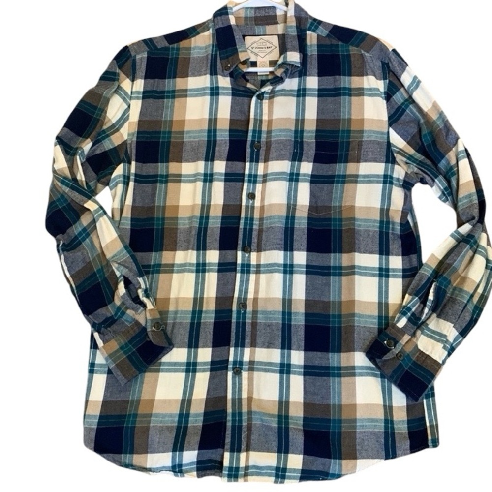 Turquoise/Blue, Tan, & White Plaid Cotton Flannel Button Down Shirt Men’s Sz Med